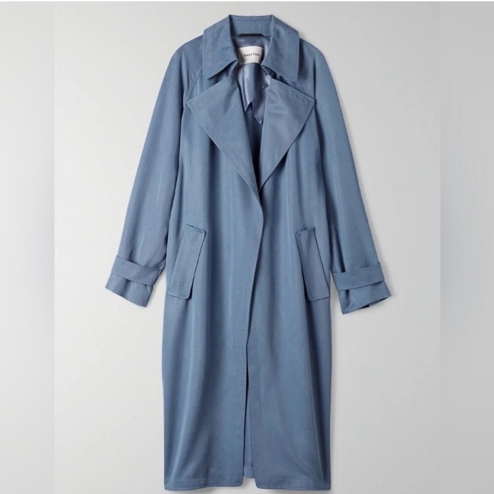 Aritzia Babaton Lawson Open Front Trench Coat in Smoky Blue